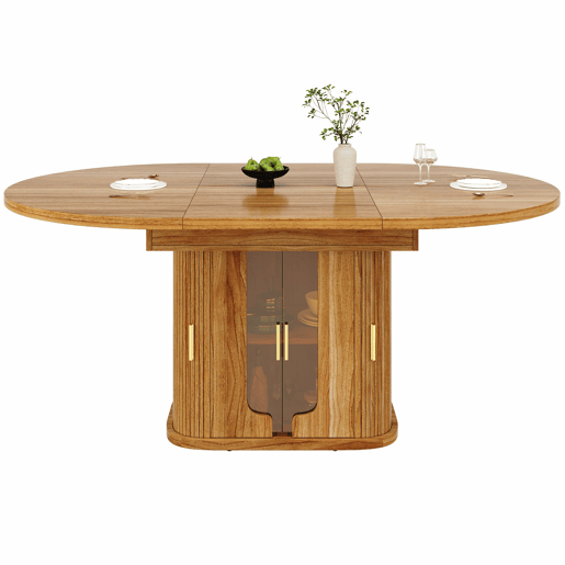 Mesa de jantar extensível de 118 a 158 cm u2013 redonda a oval, para 6 pessoas, com portas de vidro u2013 nogueira