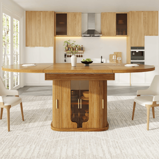 Mesa de jantar extensível de 118 a 158 cm u2013 redonda a oval, para 6 pessoas, com portas de vidro u2013 nogueira
