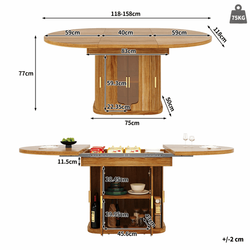 Mesa de jantar extensível de 118 a 158 cm u2013 redonda a oval, para 6 pessoas, com portas de vidro u2013 nogueira