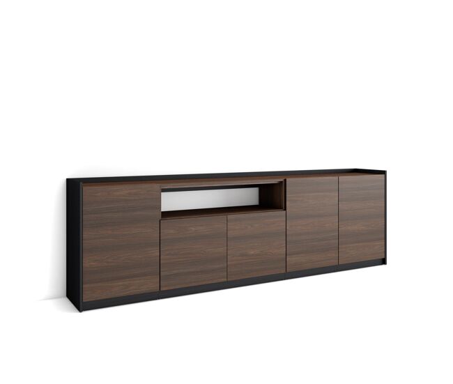 Aparador para salón, gran capacidad de almacenaje, 260x37x80 cm, 5 puertas, armario, zapatero, estilo moderno, roble oscuro y negro