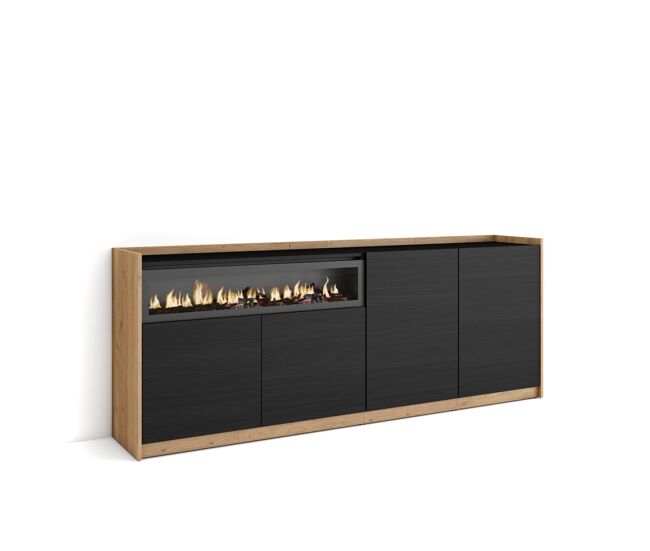 Aparador para salón, gran capacidad de almacenaje, 207x37x80 cm, 4 puertas, chimenea eléctrica, estilo moderno, negro y roble