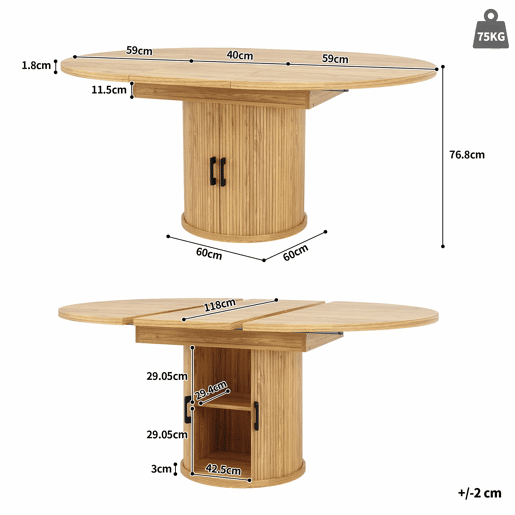 Mesa de jantar extensível - redonda a oval, 118-158 cm, para 6 pessoas - cor de madeira natural