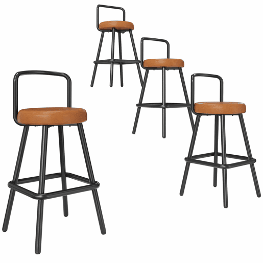Banco de bar (4 unidades) - ergonómico, em PU resistente à água, com pernas de ferro, encosto e apoio para os pés - castanho