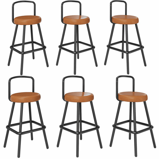 Banco de bar (6 unidades) - encosto ergonómico, couro PU resistente à água, pernas de ferro, apoio para os pés - castanho