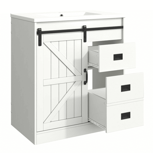 Móvel de casa de banho de 91,5 cm - Armário com portas tipo celeiro, lavatório de cerâmica, gavetas e compartimento - Branco