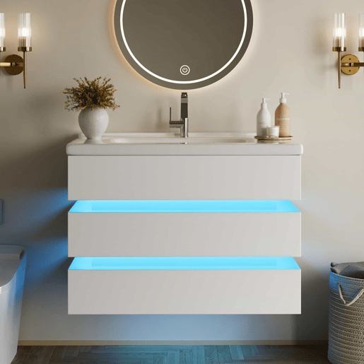 Móvel de casa de banho suspenso 60,5 x 47 cm - LED, lavatório em cerâmica, gavetas com fecho suave - Branco