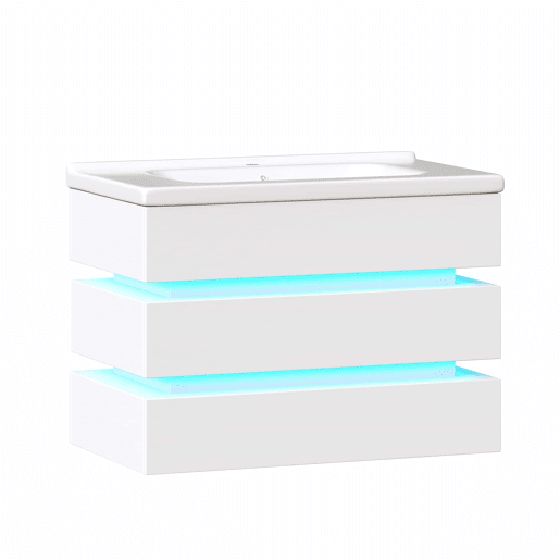 Móvel de casa de banho suspenso 60,5 x 47 cm - LED, lavatório em cerâmica, gavetas com fecho suave - Branco