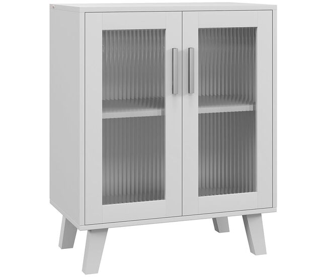 Homcom aparador de 2 puertas, aparador de salón, armario con 2 estantes, puertas acanaladas, para cocina, entrada, baño, dormitorio, blanco, 61x35x75