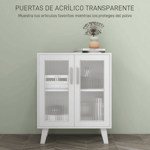 HOMCOM Aparador de 2 Portas Aparador de Sala com 2 Prateleiras Portas Transparentes para Cozinha Entrada Quarto, Branco 61x35x75 cm