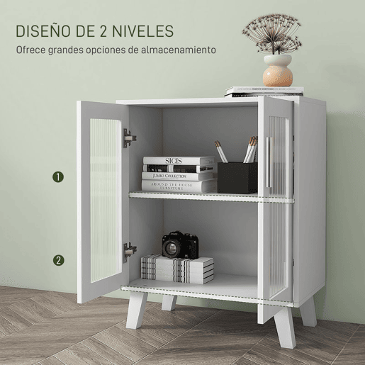HOMCOM Aparador de 2 Portas Aparador de Sala com 2 Prateleiras Portas Transparentes para Cozinha Entrada Quarto, Branco 61x35x75 cm