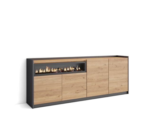 Aparador para salón, gran capacidad de almacenaje, 207x37x80 cm, 4 puertas, chimenea eléctrica, estilo moderno, roble y negro