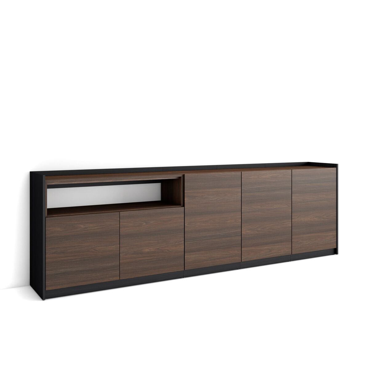 Aparador para salón, gran capacidad de almacenaje, 260x37x80 cm, 5 puertas, armario, zapatero, estilo moderno, roble oscuro y negro