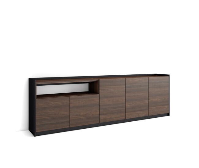 Aparador para salón, gran capacidad de almacenaje, 260x37x80 cm, 5 puertas, armario, zapatero, estilo moderno, roble oscuro y negro