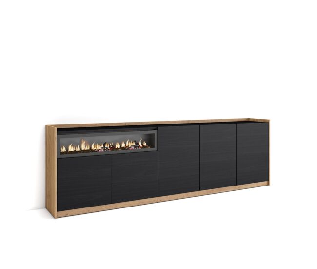 Aparador para salón, gran capacidad de almacenaje, 260x37x80 cm, 5 puertas, chimenea eléctrica, estilo moderno, negro y roble