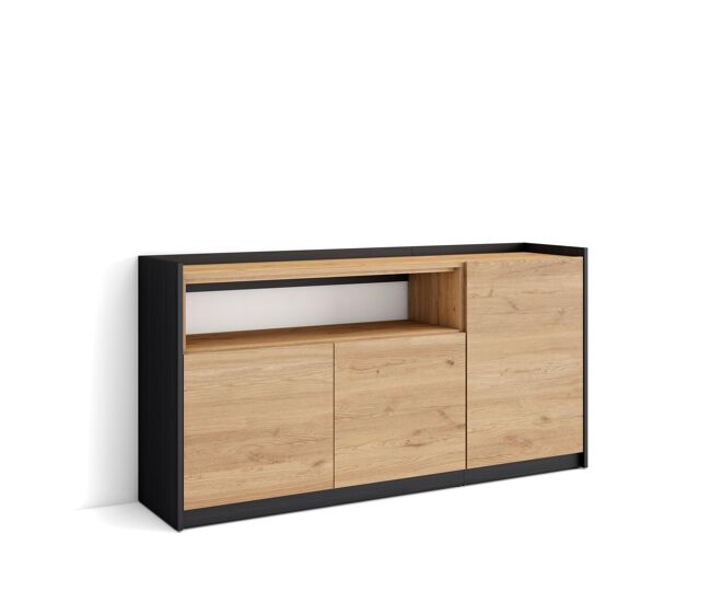Aparador para salón, gran capacidad de almacenaje, 156x37x80 cm, 3 puertas, armario, zapatero, estilo moderno, roble y negro