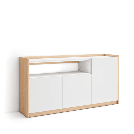 Aparador sala de jantar, Sala, Cozinha, Entrada, TV, 156x37x80 cm, 3 Portas, Armário arrumação, Estilo moderno, Branco e Carvalho soft Aparador sala de jantar, Sala, Cozinha, Entrada, TV, 156x37x80 cm, 3 Portas, Armário arrumação, Estilo moderno, Branco e Carvalho soft