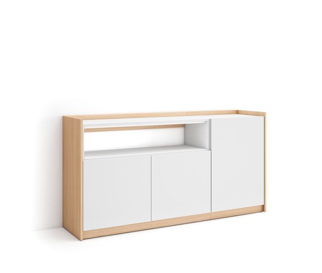 Aparador para salón, gran capacidad de almacenaje, 156x37x80 cm, 3 puertas, armario, zapatero, estilo moderno, blanco y roble soft