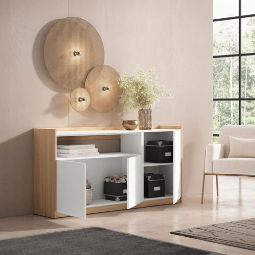 Aparador sala de jantar, Sala, Cozinha, Entrada, TV, 156x37x80 cm, 3 Portas, Armário arrumação, Estilo moderno, Branco e Carvalho soft Aparador sala de jantar, Sala, Cozinha, Entrada, TV, 156x37x80 cm, 3 Portas, Armário arrumação, Estilo moderno, Branco e Carvalho soft