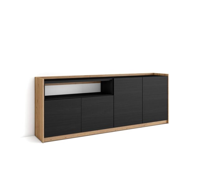 Aparador para salón, gran capacidad de almacenaje, 207x37x80 cm, 4 puertas, armario, zapatero, estilo moderno, negro y roble
