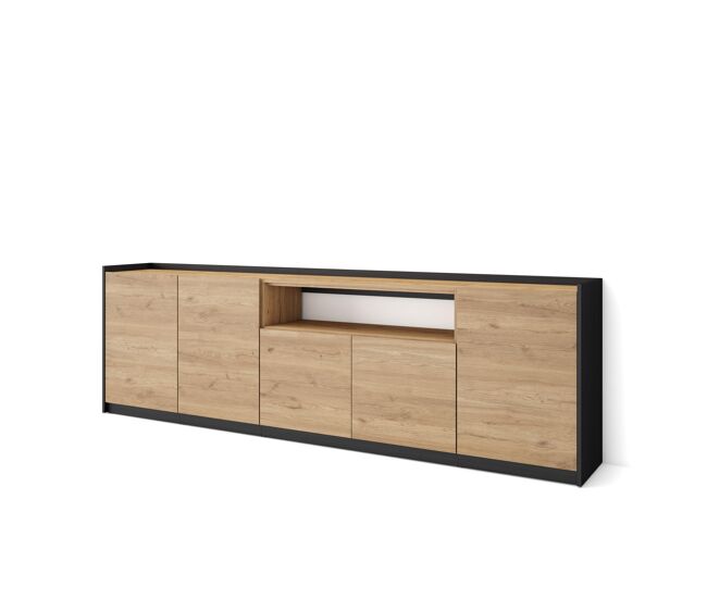 Aparador para salón, gran capacidad de almacenaje, 260x37x80 cm, 5 puertas, armario, zapatero, estilo moderno, roble y negro