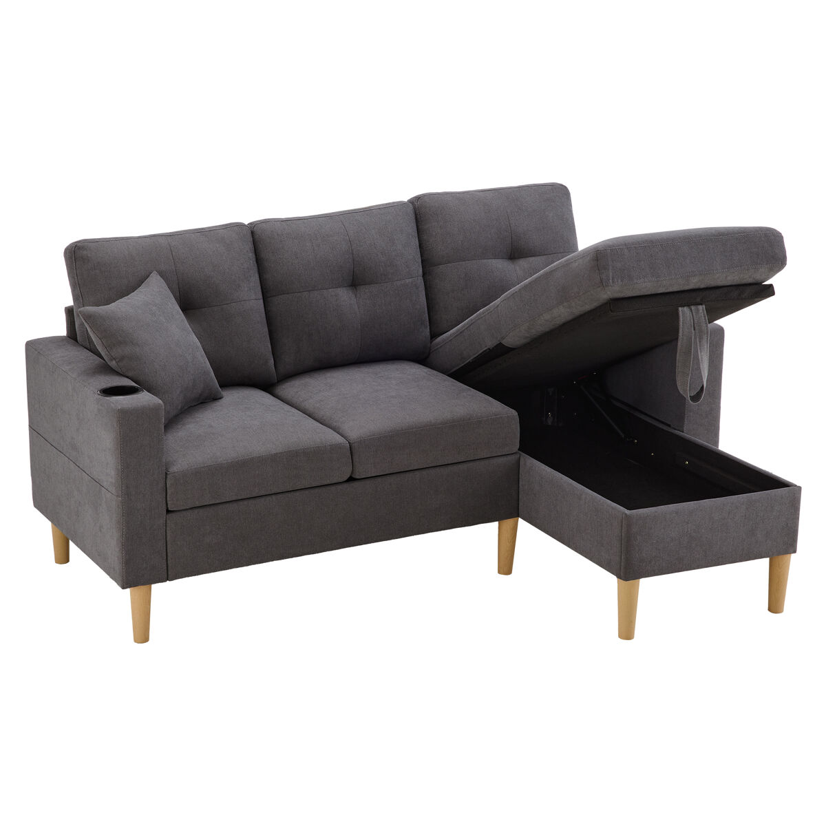chaise longue 3 plazas fija reversible de algodon y lino con almacenajegris oscuro