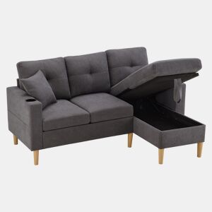 Chaise longue 3 lugares fixa reversível de algodão e linho com almacenaje,cinza escuro