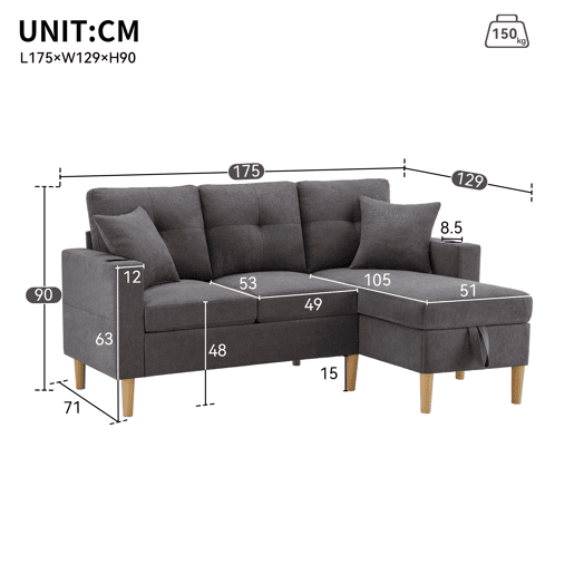 Chaise longue 3 lugares fixa reversível de algodão e linho com almacenaje,cinza escuro