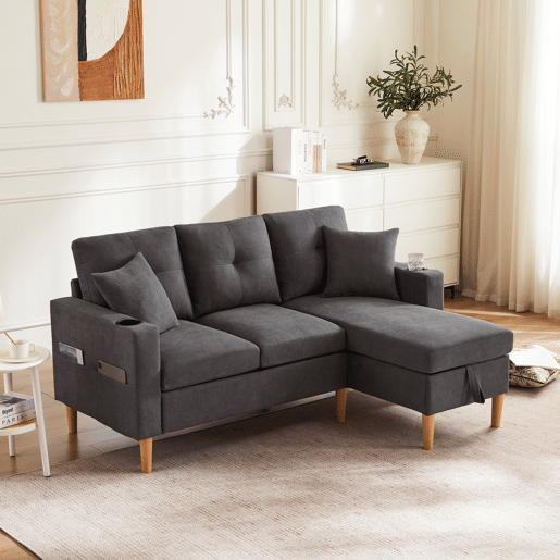 Chaise longue 3 lugares fixa reversível de algodão e linho com almacenaje,cinza escuro