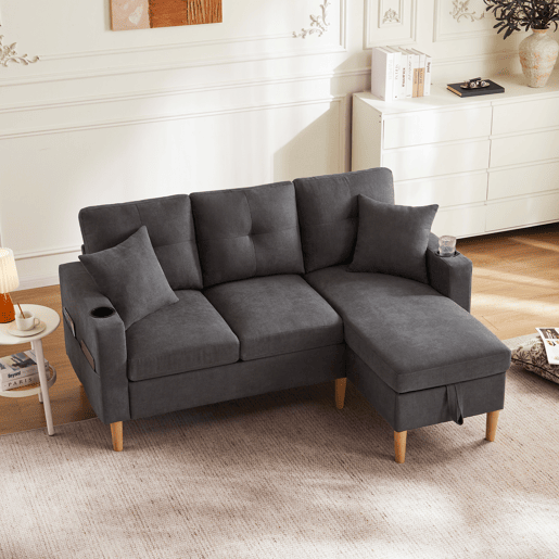 Chaise longue 3 lugares fixa reversível de algodão e linho com almacenaje,cinza escuro
