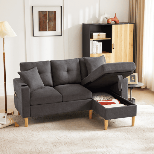 Chaise longue 3 lugares fixa reversível de algodão e linho com almacenaje,cinza escuro