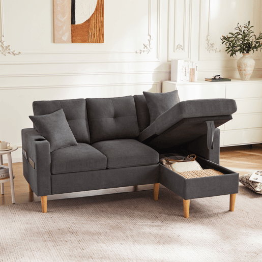 Chaise longue 3 lugares fixa reversível de algodão e linho com almacenaje,cinza escuro