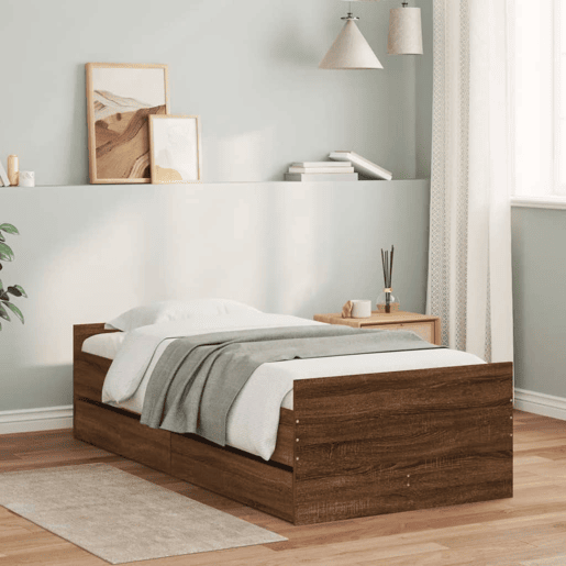 Estrutura de cama de solteiro para adultos solteiro pequena c gavetas carvalho castanho Estrutura de cama de solteiro para adultos solteiro pequena c gavetas carvalho castanho