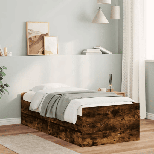 Estrutura de cama de solteiro para adultos solteiro pequena c gavetas carvalho fumado Estrutura de cama de solteiro para adultos solteiro pequena c gavetas carvalho fumado