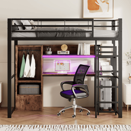 Cama alta 90x200cm - Cama metálica com LED, secretária, 1 gaveta, prateleiras, grade, escada - Preto
