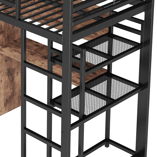 Cama alta 90x200cm - Cama metálica com LED, secretária, 1 gaveta, prateleiras, grade, escada - Preto