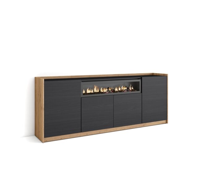 Aparador para salón, gran capacidad de almacenaje, 207x37x80 cm, 4 puertas, chimenea eléctrica, estilo moderno, negro y roble
