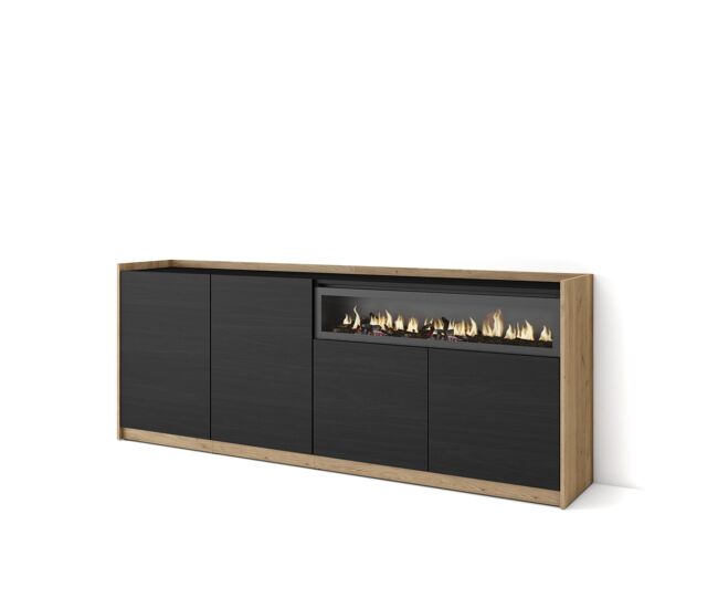 Aparador para salón, gran capacidad de almacenaje, 207x37x80 cm, 4 puertas, chimenea eléctrica, estilo moderno, negro y roble