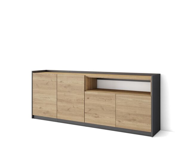 Aparador para salón, gran capacidad de almacenaje, 207x37x80 cm, 4 puertas, armario, zapatero, estilo moderno, roble y negro