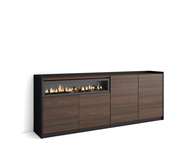 Aparador para salón, gran capacidad de almacenaje, 207x37x80 cm, 4 puertas, chimenea eléctrica, estilo moderno, roble oscuro y negro