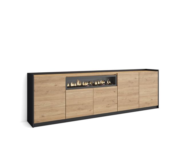 Aparador para salón, gran capacidad de almacenaje, 260x37x80 cm, 5 puertas, chimenea eléctrica, estilo moderno, roble y negro