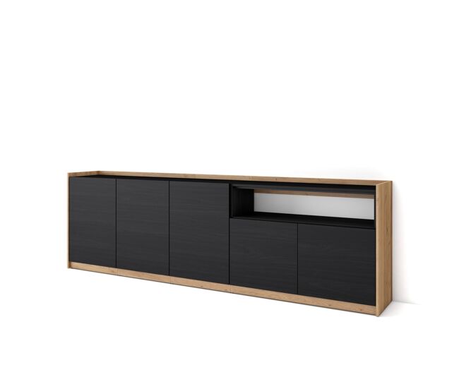 Aparador para salón, gran capacidad de almacenaje, 260x37x80 cm, 5 puertas, armario, zapatero, estilo moderno, negro y roble