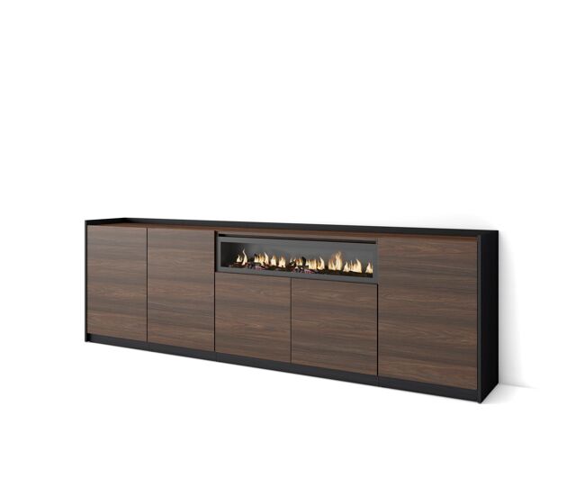 Aparador para salón, gran capacidad de almacenaje, 260x37x80 cm, 5 puertas, chimenea eléctrica, estilo moderno, roble oscuro y negro