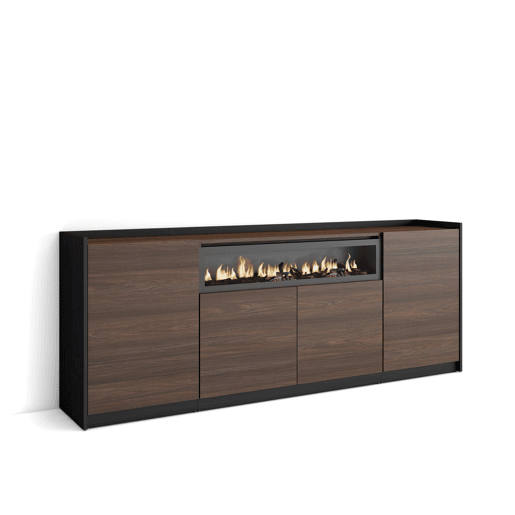 Aparador sala de jantar, Sala, Cozinha, Entrada, TV, 207x37x80 cm, 4 Portas, Lareira eléctrica, Estilo moderno, Carvalho escuro e Preto