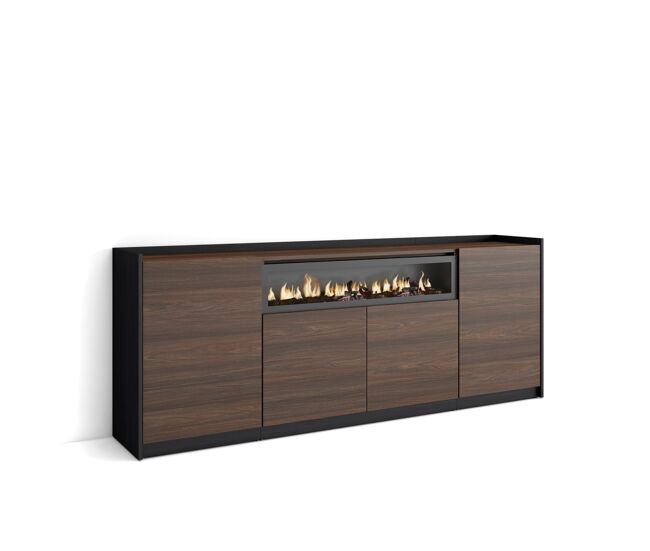 Aparador para salón, gran capacidad de almacenaje, 207x37x80 cm, 4 puertas, chimenea eléctrica, estilo moderno, roble oscuro y negro