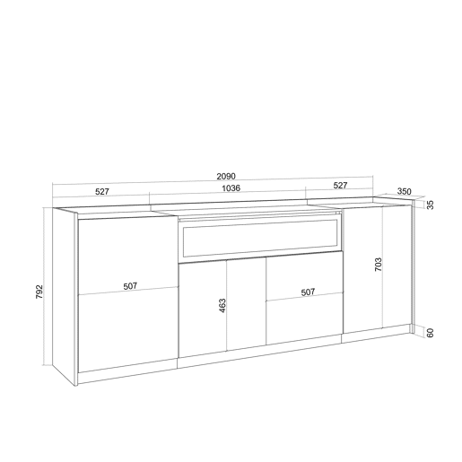 Aparador sala de jantar, Sala, Cozinha, Entrada, TV, 207x37x80 cm, 4 Portas, Lareira eléctrica, Estilo moderno, Carvalho escuro e Preto
