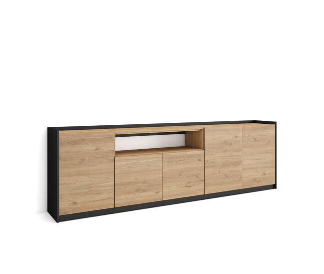 Aparador para salón, gran capacidad de almacenaje, 260x37x80 cm, 5 puertas, armario, zapatero, estilo moderno, roble y negro