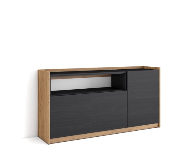 Aparador para salón, gran capacidad de almacenaje, 156x37x80 cm, 3 puertas, armario, zapatero, estilo moderno, negro y roble