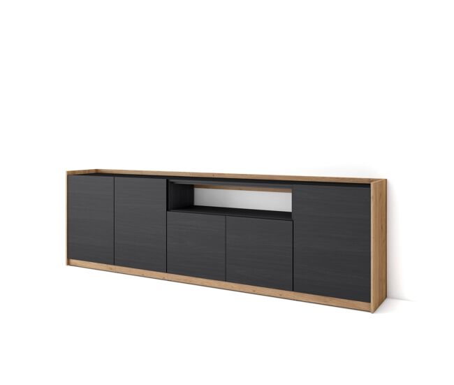 Aparador para salón, gran capacidad de almacenaje, 260x37x80 cm, 5 puertas, armario, zapatero, estilo moderno, negro y roble