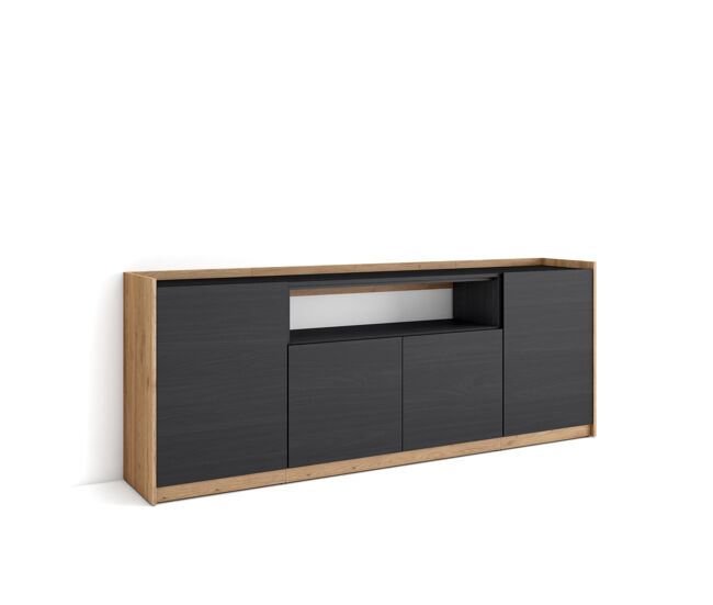 Aparador para salón, gran capacidad de almacenaje, 207x37x80 cm, 4 puertas, armario, zapatero, estilo moderno, negro y roble