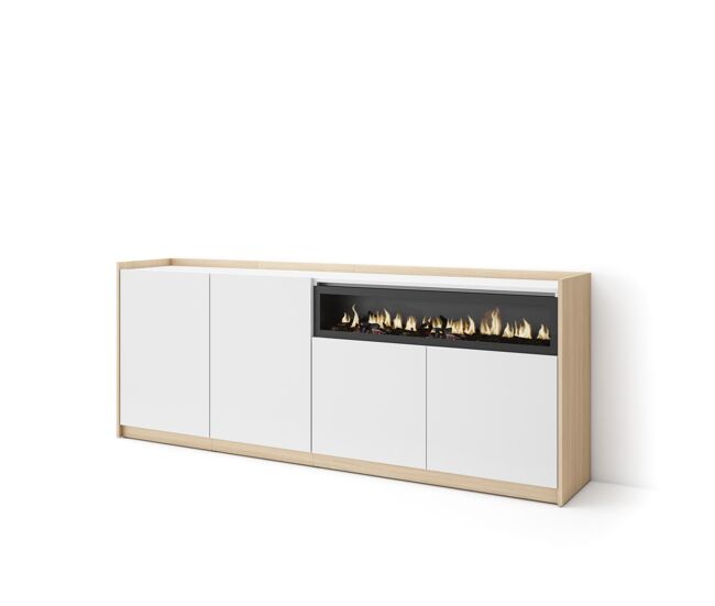Aparador para salón, gran capacidad de almacenaje, 207x37x80 cm, 4 puertas, chimenea eléctrica, estilo moderno, blanco y roble soft